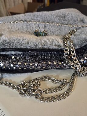 Handmade Sparkle Faux Fur Black Crossbody Bag with Silver Chain